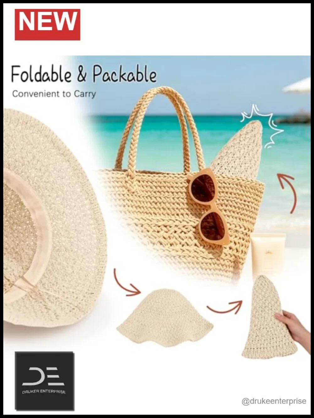 Straw Beach Sun Hat Floppy Crochet UV Protection Packable Bucket Hat